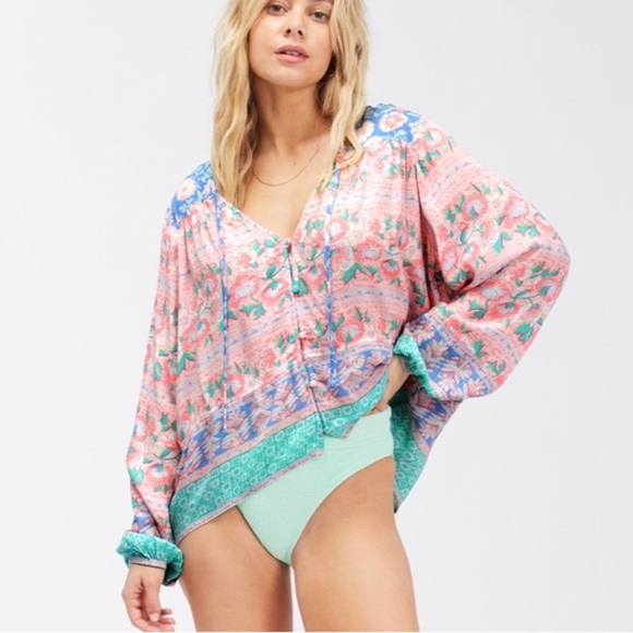 Billabong Bohemian Dream Boho Pink Turquoise Summer Long Sleeve Blouse - Picture 2 of 8